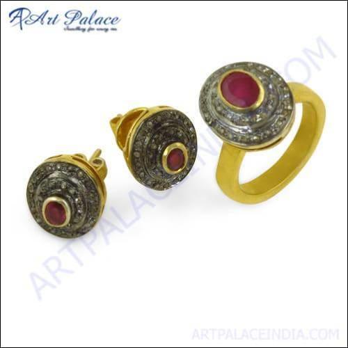 Victorian Designer Diamond & Ruby Gold Plated Silver Earrings and Ring Set Superior Victorian Sets