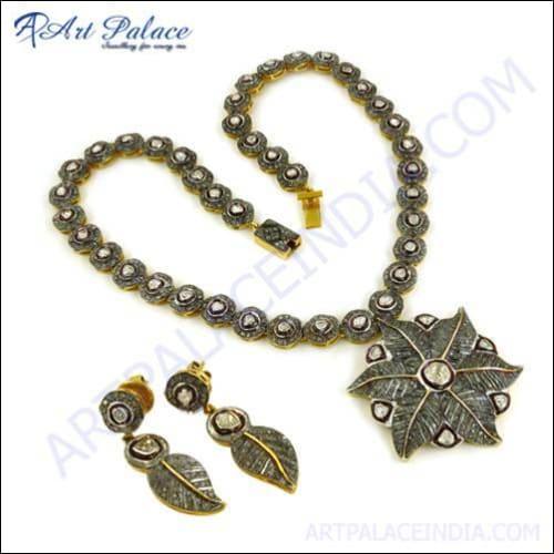 Victorian Designer Gold Plated Valuable Diamond Silver Necklace & Earrings Set Victorian Diamond Sets Leaf Design Victorian Sets