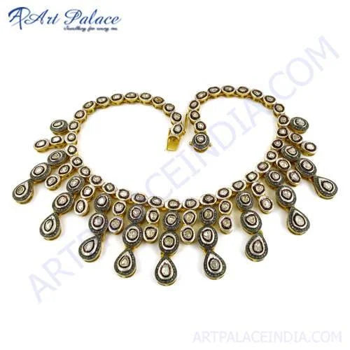 Victorian Gold Plated Diamond 925 Silver Necklace Glitzy Victorian Necklace Comfortable Necklace