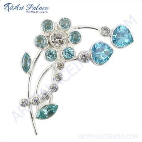 Vintage Blue Topaz & Cz Gemstone Silver Brooch Precious Gemstone Brooch