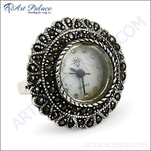 Watch Style Gun Metal Gemstone Silver Ring Magnificent Gemstone Ring Pretty Marcasite Ring
