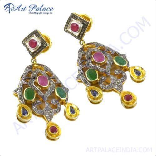 Wedding Jewelry, Emerald, Ruby & Sapphire Gold Plated Silver Earrings Colorful Victorian Earrings Graceful Victorian Earrings