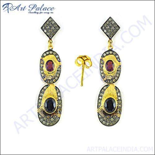 Wedding Wear Luxurious Diamond & Tourmaline Silver Earring Fancy Design Earring Pretty Earring