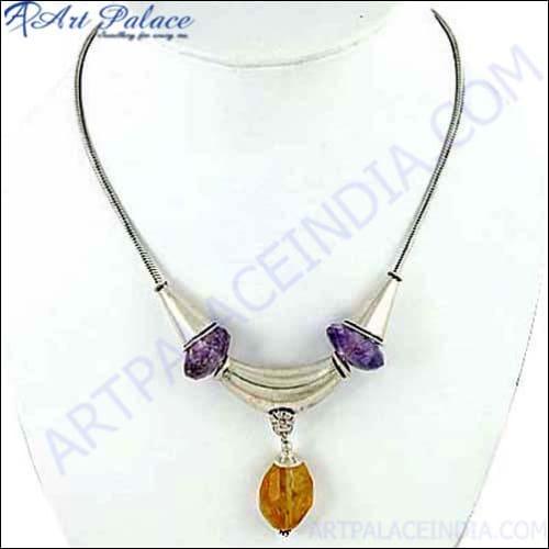Women's Necklace Amethyst & Citrine 925 Silver Gemstone Necklace Latest Beads Necklace