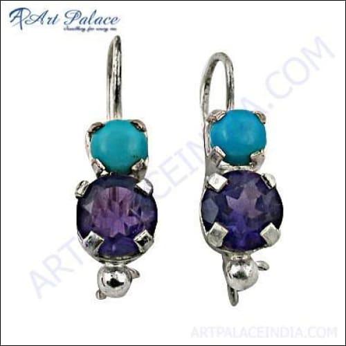 Turquoise And Amethyst Gemstone Silver Earring 925 Silver Earring