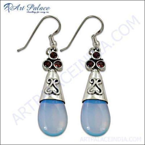 Stylish Gemstone Earring Garnet & Synthetic Opal Droop Earring 925 Silver Earring