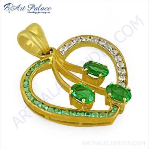 Stylish Heart Shape CZ & Green Glass Gold Plated Silver Pendant