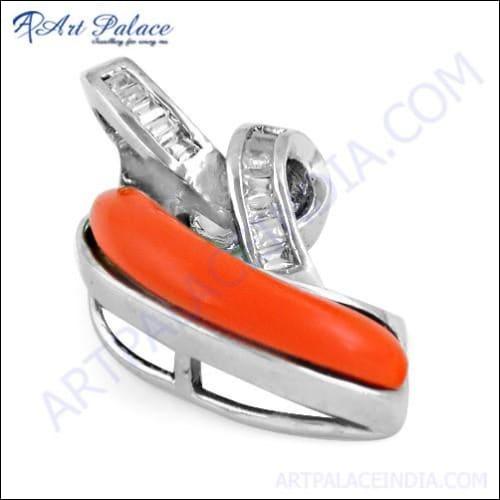 Top Quality Coral & Cz Gemstone Silver Pendant