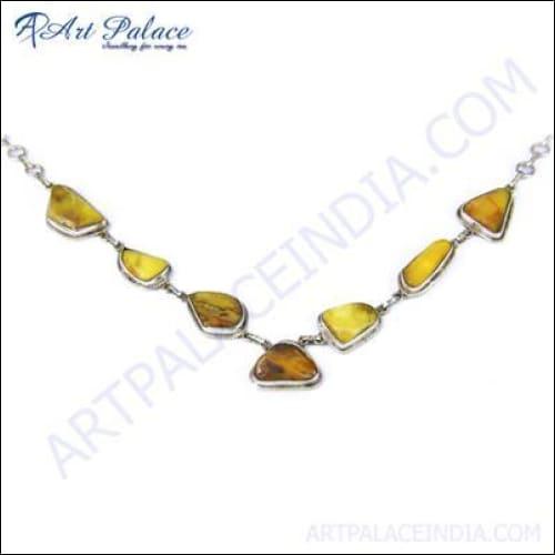 Traditional Classy Golden Rutil Gemstone Silver Necklace