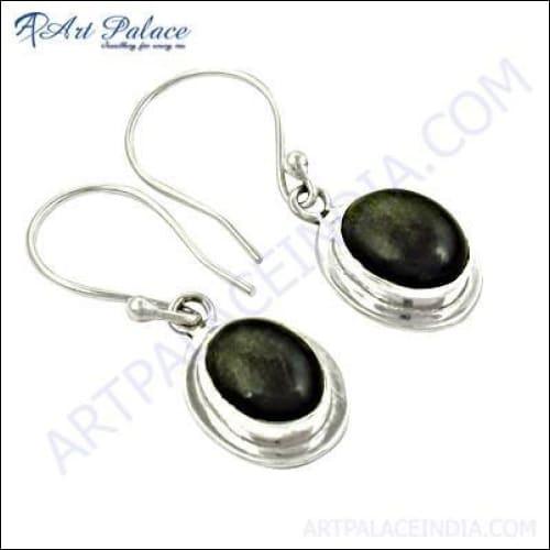 Trendy Gemstone Earring Black Obsidian Gemstone Silver Earring