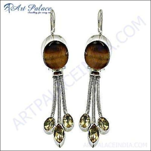 Trendy Citrine & Tiger Eye Gemstone, Dangle Silver Earrings