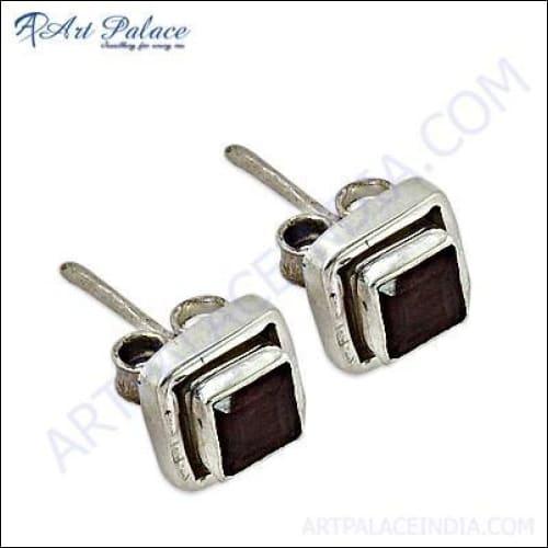 Trendy Garnet Gemstone Silver Stud Earrings