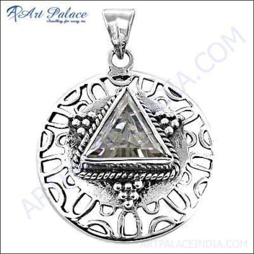 Triangle Crystal Gemstone Fret Designer Silver Pendant